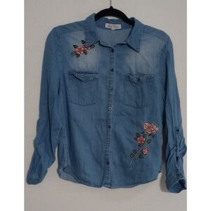 Love Tree Blue Chambray Denim Floral Embroidered Button Down Shirt Large 1528TS